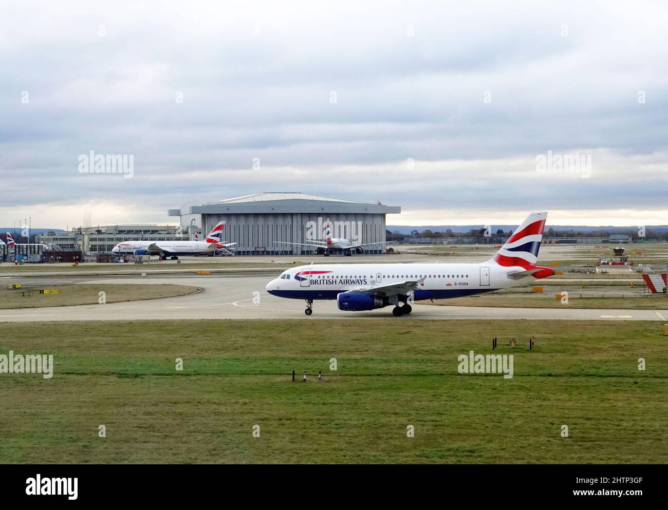 A British Airways jet on the taxiway at London Heathrow airport. Stock Photo