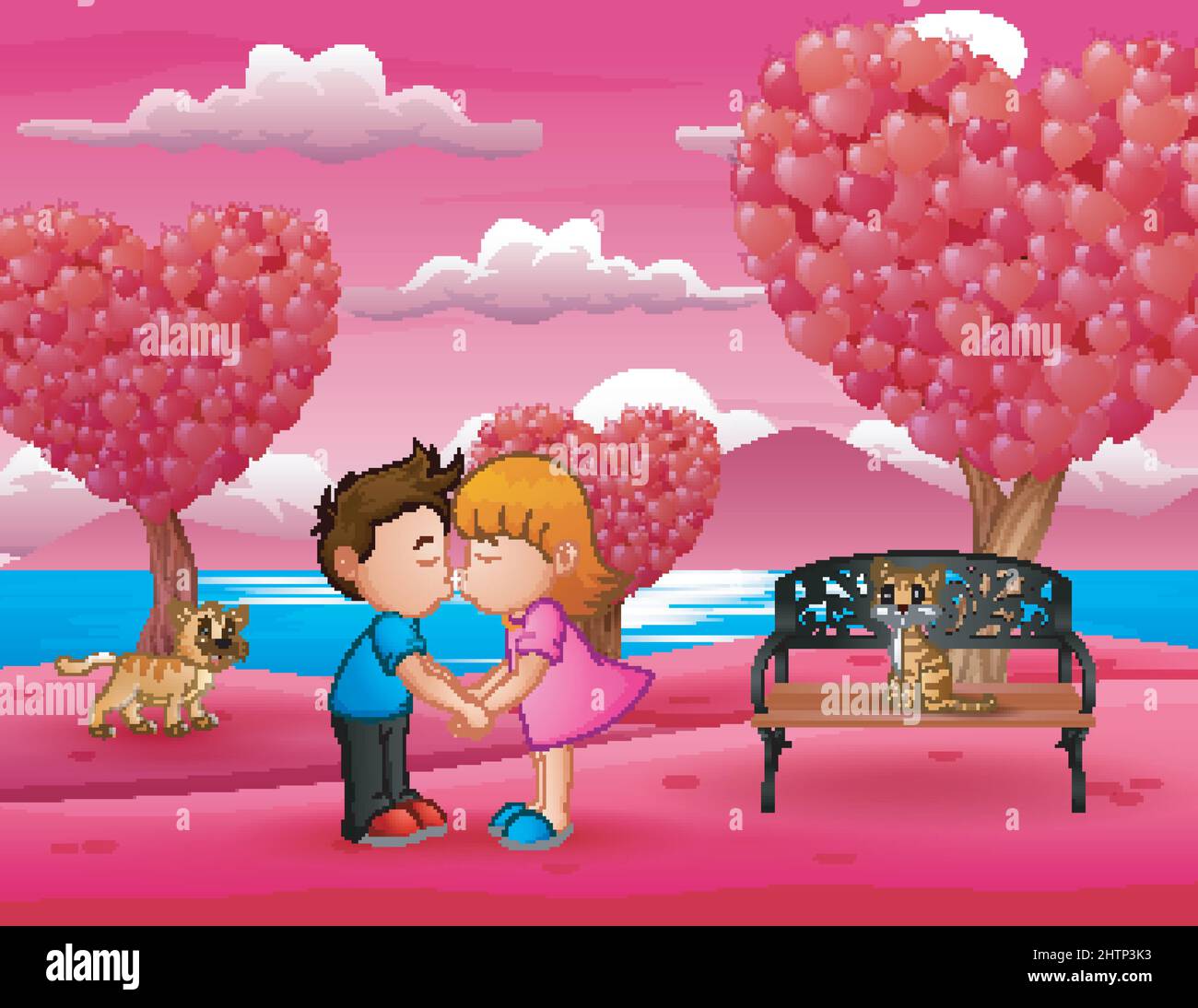 Cartoon romantic couple kissing in a beautiful pink garden Stock Vector  Image & Art - Alamy