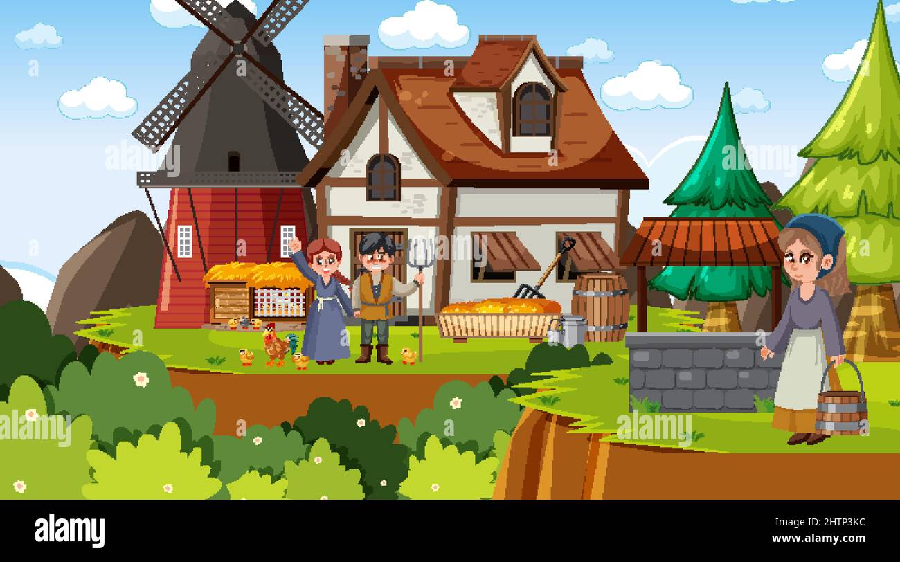Medieval town scene with villagers illustration Stock Vector Image ...