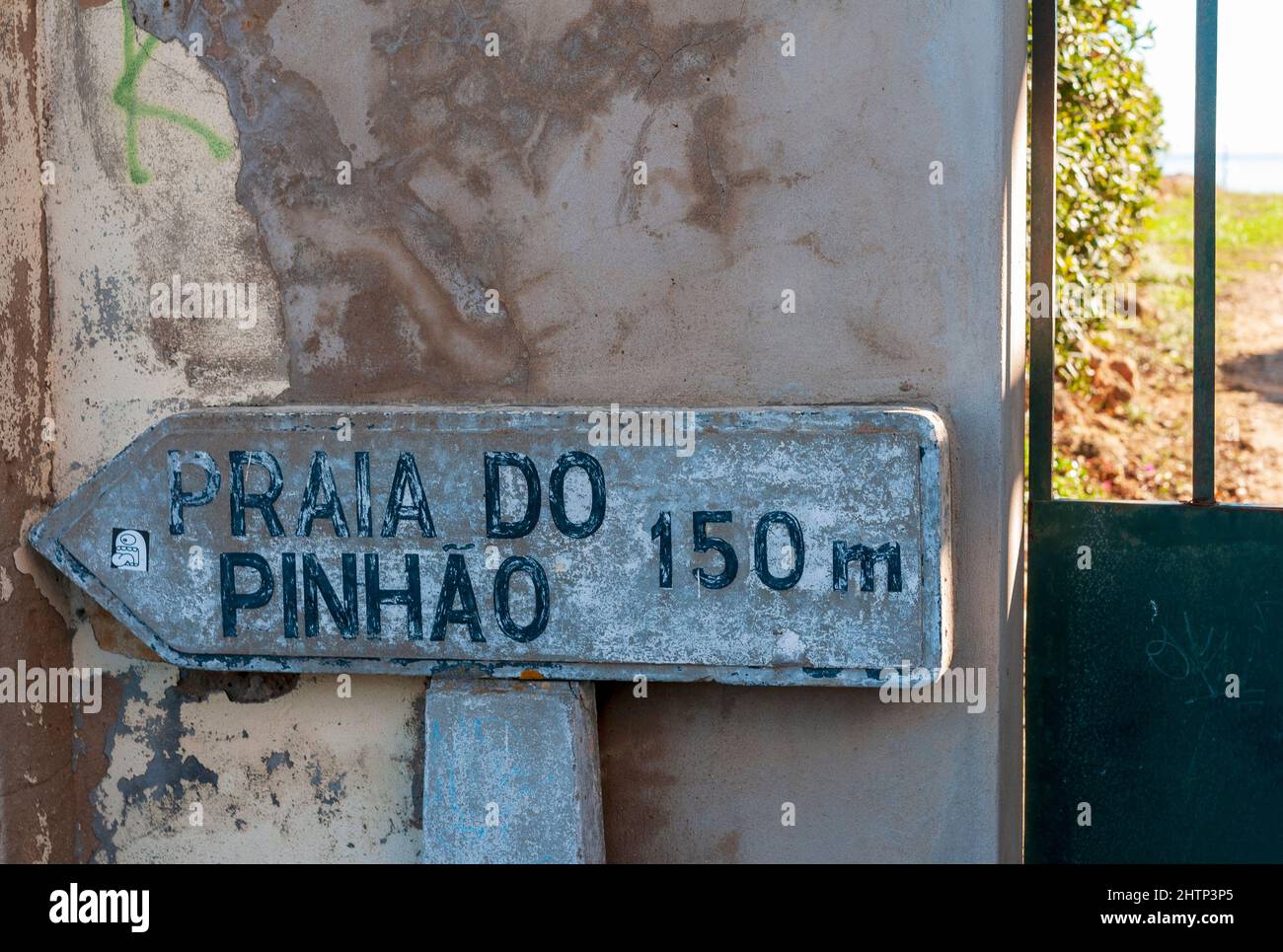 Way-marker for Praia do Pinhao - Pinhao Beach sign, Lagos, Algarve, Spain Stock Photo