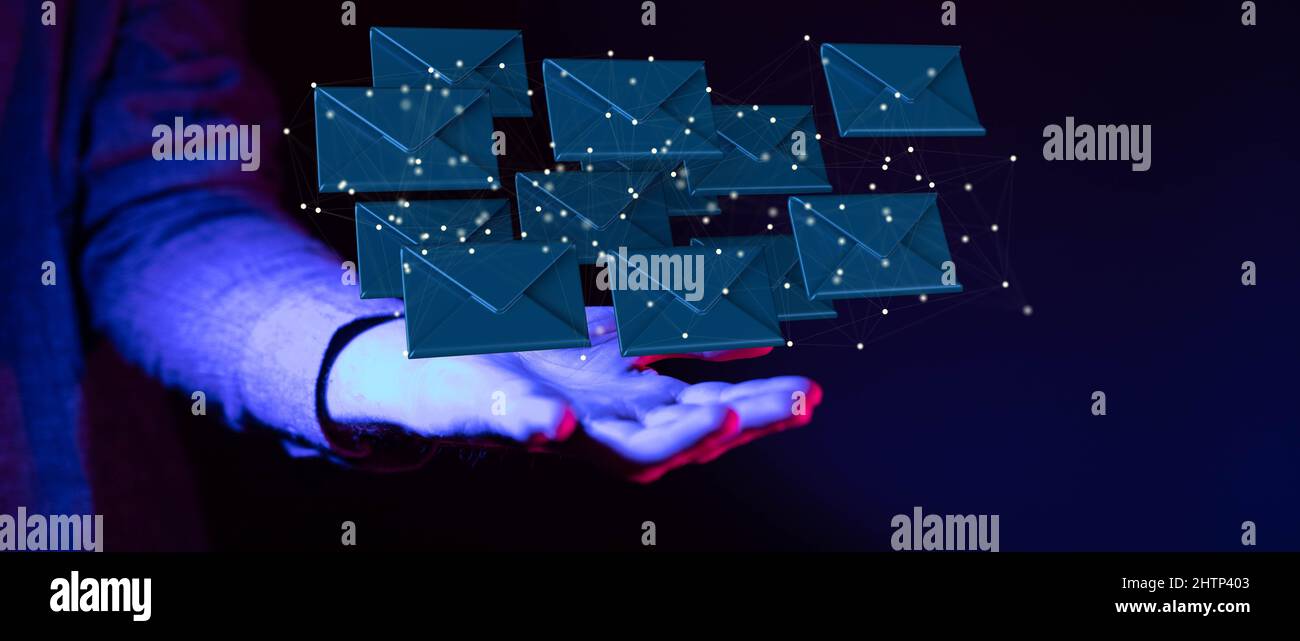 3D rendering of email icons floating on a man's hand against a dark ...