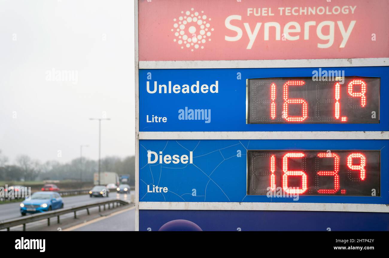 Fuel prices displayed at an Esso petrol station near Kettering in Northamptonshire. Average UK