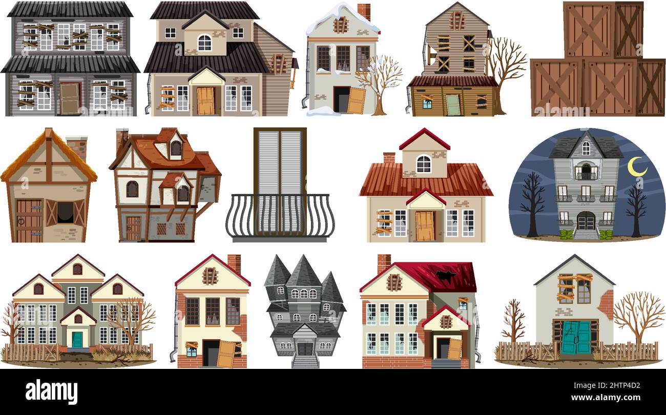 Set of abandoned houses and buildings illustration Stock Vector Image ...