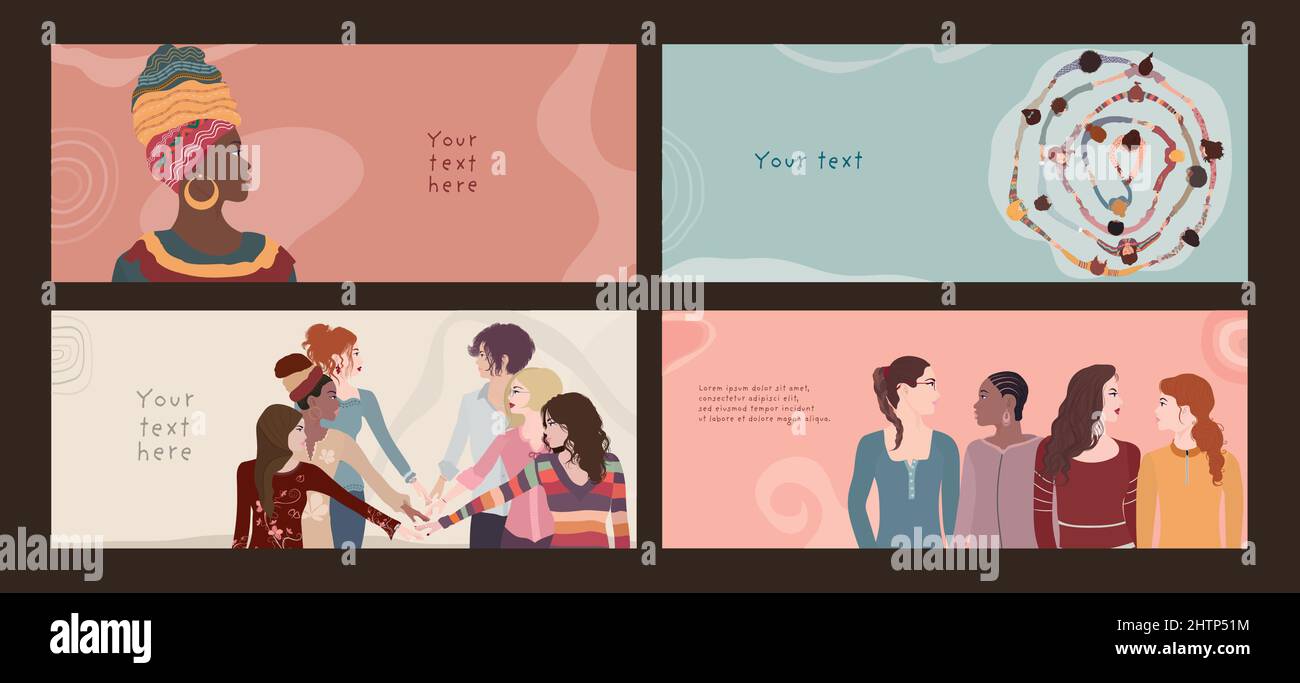 Multicultural and multiethnic women. Group of diversity women and girls. Female social network community. Racial equality. Allyship. Empowerment. Team Stock Vector