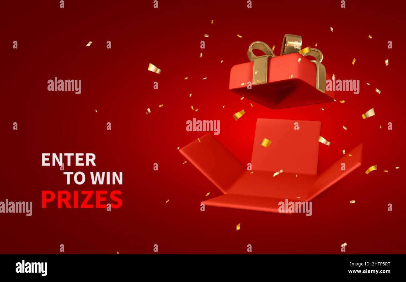 3D render and draw by mesh realistic open red gift box and confetti ...
