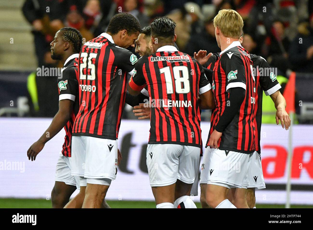 Nice, France, March 1, 2022. Kasper Dolberg, Amine Gouiri during the match  OGC Nice against FC Versailles during the semi-final of the Coupe de France  in Nice, France on March 1, 2022.