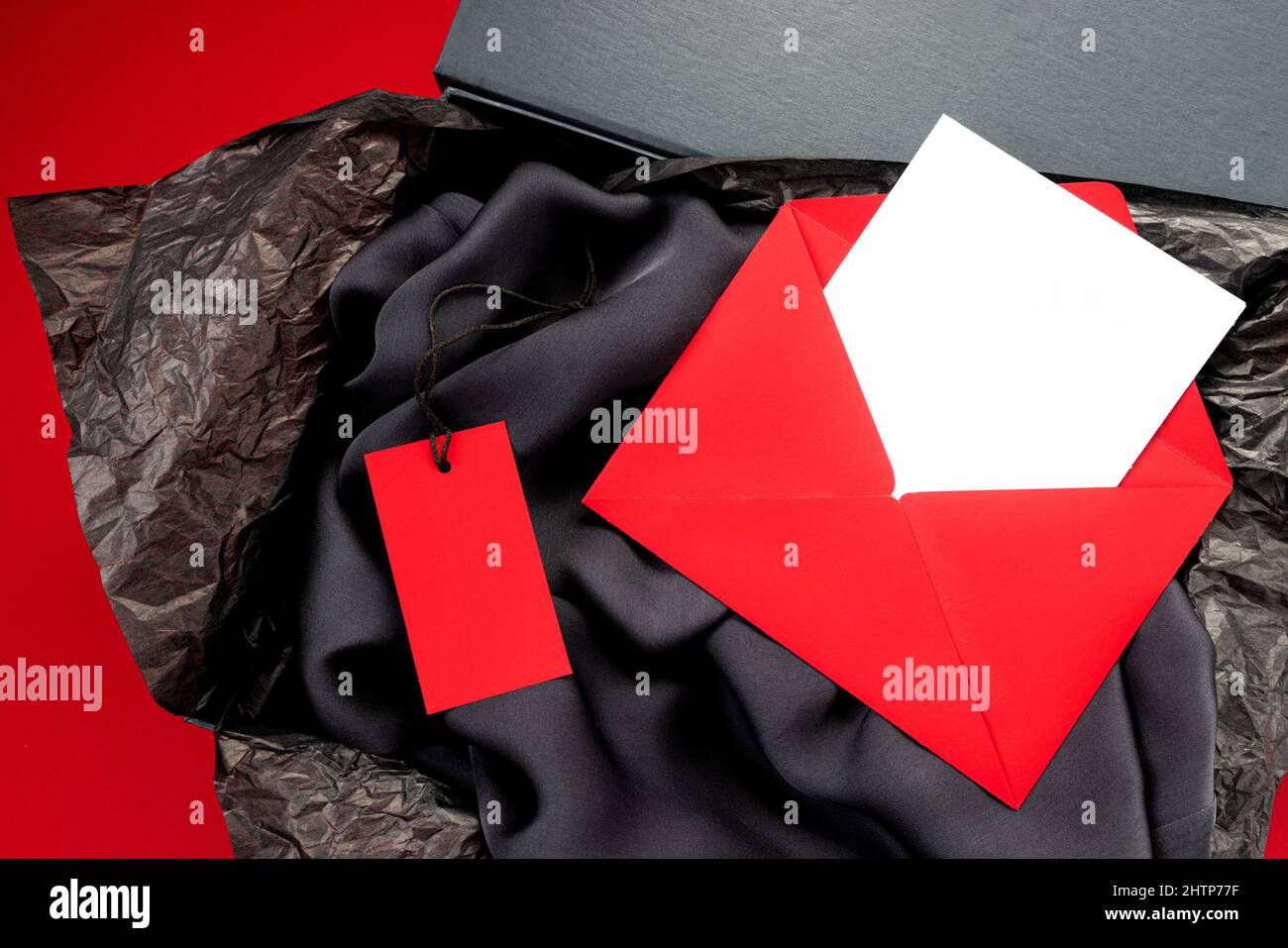 layout, label for text in red color and an envelope, in a box, on a red ...