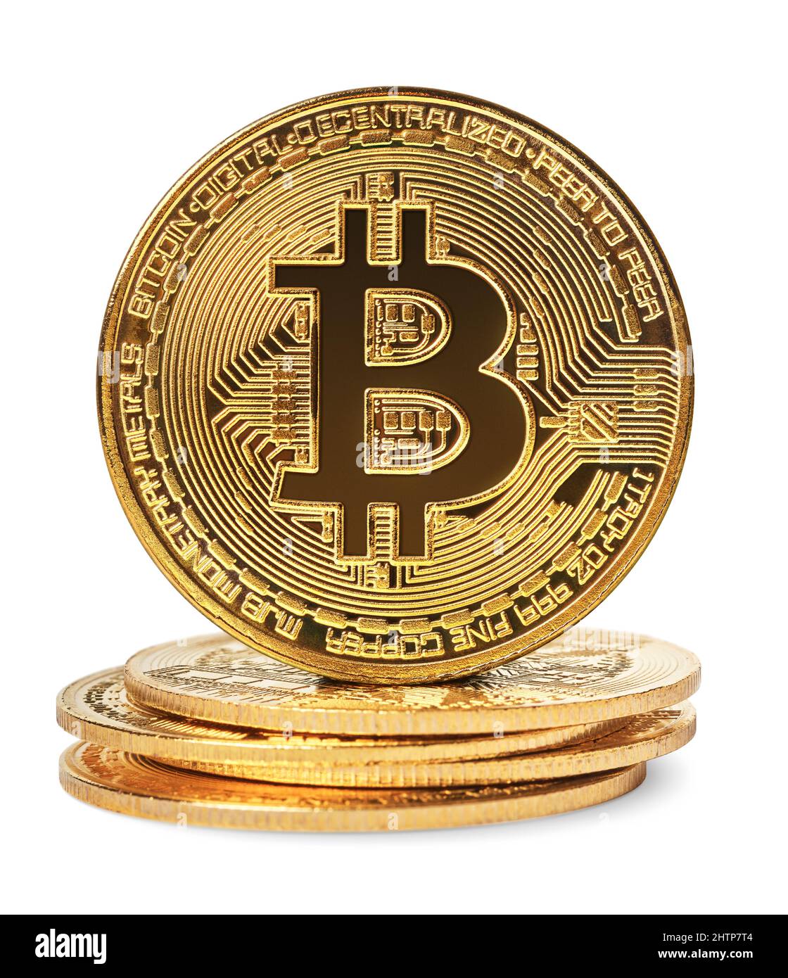 Isolated objects: group of golden bitcoin coins, on white background Stock Photo