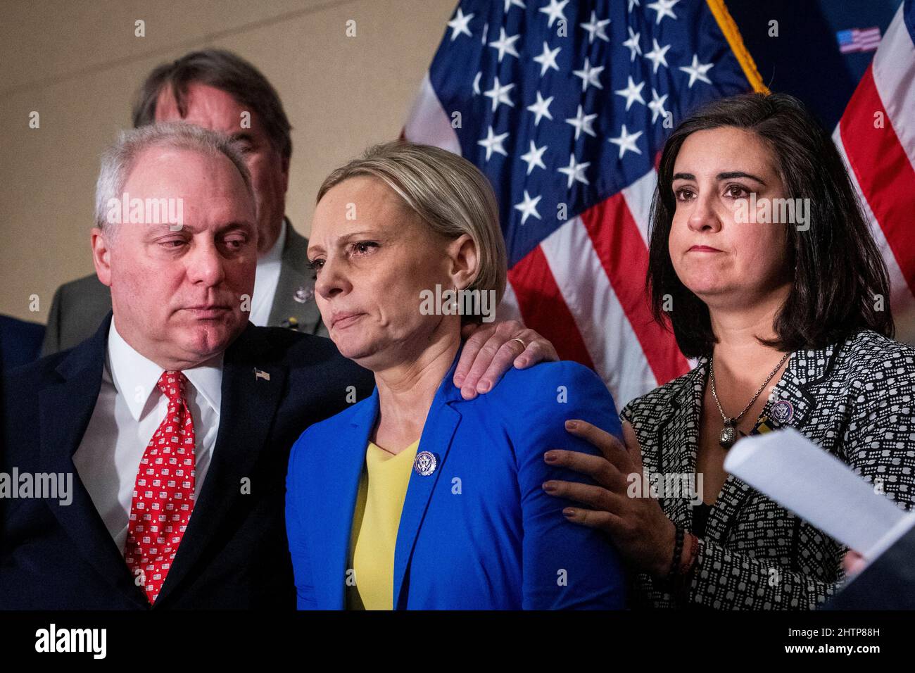 United States House Minority Whip Steve Scalise (Republican of Louisiana), left, and United States Representative Nicole Malliotakis (Republican of New York), right, comfort United States Representative Victoria Spartz (Republican of Indiana), center, following her emotional remarks on the current situation in her home country of Ukraine, as GOP House leadership offers remarks on United States President Joe Biden’s upcoming State of the Union Address, in the Rayburn House Office Building in Washington, DC, USA, Tuesday, March 1, 2022. Rep. Spartz was born in Nosivka, Ukraine. Photo by Rod Lamk Stock Photo