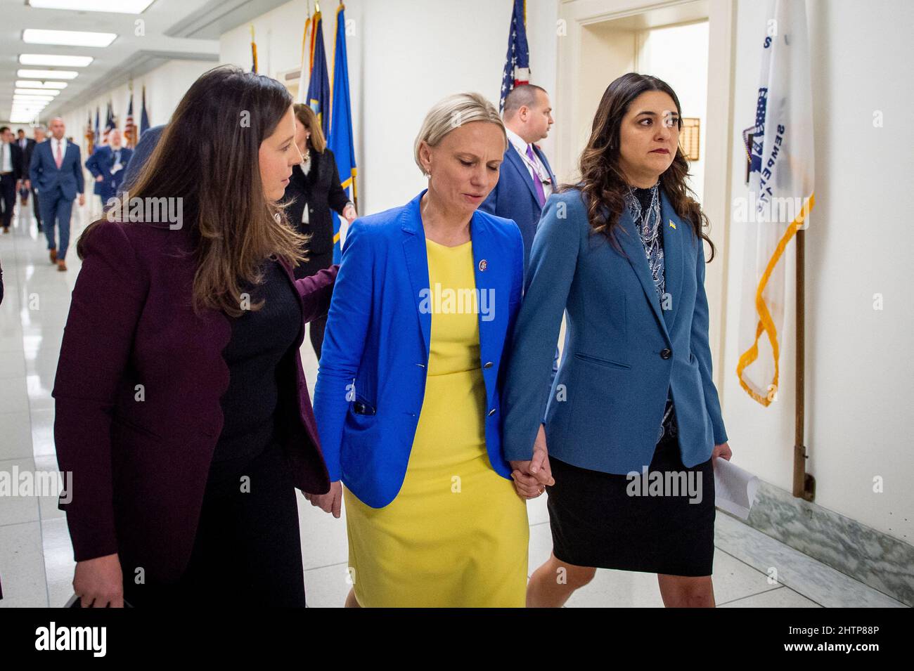 United States Representative Victoria Spartz (Republican of Indiana), center, is comforted by House Republican Conference Chair United States Representative Elise Stefanik (Republican of New York), left, and United States Representative Stephanie Bice (Republican of Oklahoma), right, following a GOP House leadership press conference on the situation in Ukraine and United States President Joe Biden’s upcoming State of the Union Address, in the Rayburn House Office Building in Washington, DC, USA, Tuesday, March 1, 2022. Rep. Spartz was born in Nosivka, Ukraine. Photo by Rod Lamkey/CNP/ABACAPRES Stock Photo