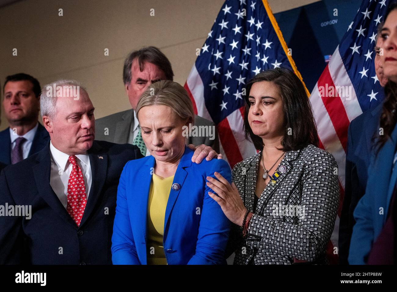 United States House Minority Whip Steve Scalise (Republican of Louisiana), left, and United States Representative Nicole Malliotakis (Republican of New York), right, comfort United States Representative Victoria Spartz (Republican of Indiana), center, following her emotional remarks on the current situation in her home country of Ukraine, as GOP House leadership offers remarks on United States President Joe Biden’s upcoming State of the Union Address, in the Rayburn House Office Building in Washington, DC, USA, Tuesday, March 1, 2022. Rep. Spartz was born in Nosivka, Ukraine. Photo by Rod Lamk Stock Photo