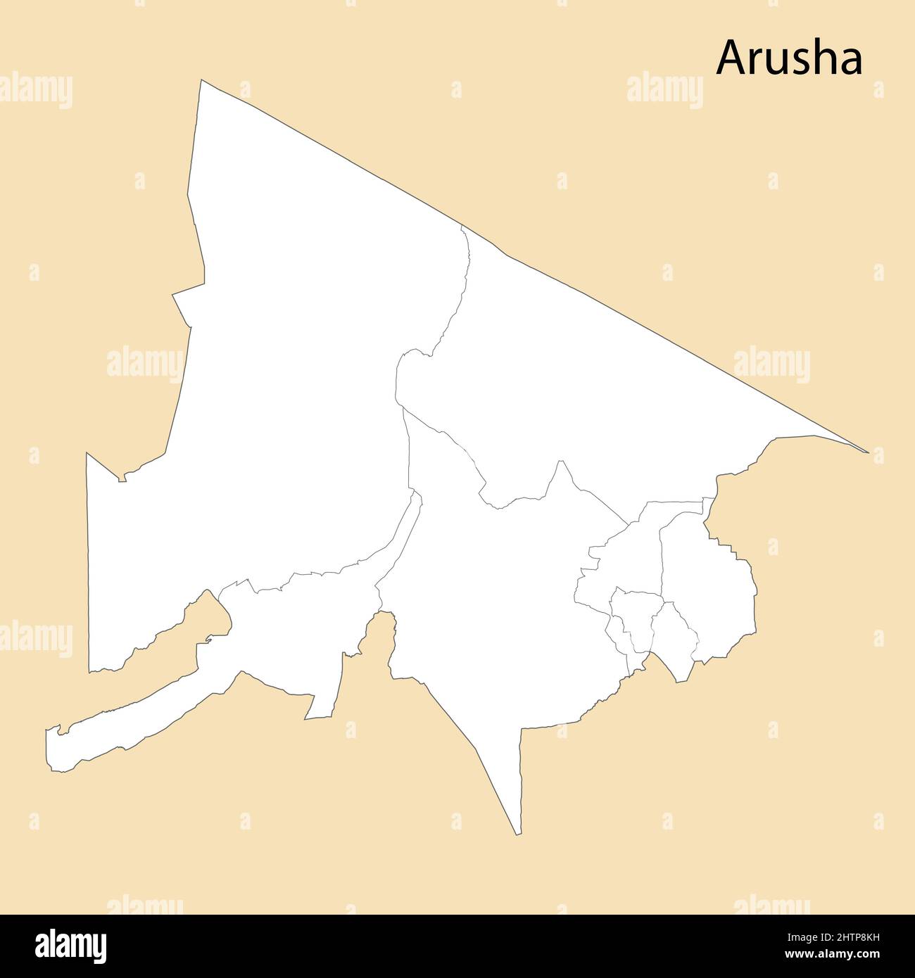 High Quality map of Arusha is a region of Tanzania, with borders of the districts Stock Vector