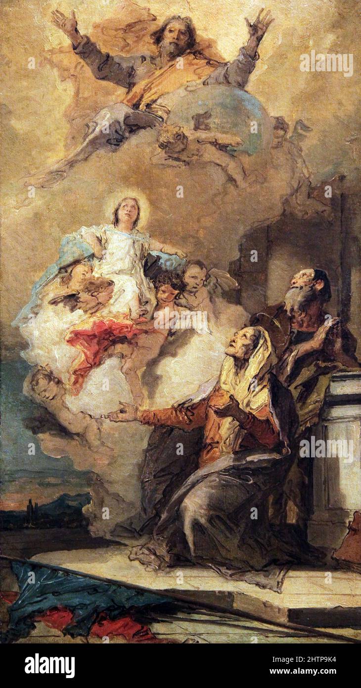 The Immaculate Conception (c.1757-1759) (Joachim and Anna receiving the Virgin Mary from God the Father) by Giovanni Battista Tiepolo or Giambattista Tiepolo (1696-1770).Italian painter.Rococo style. Stock Photo