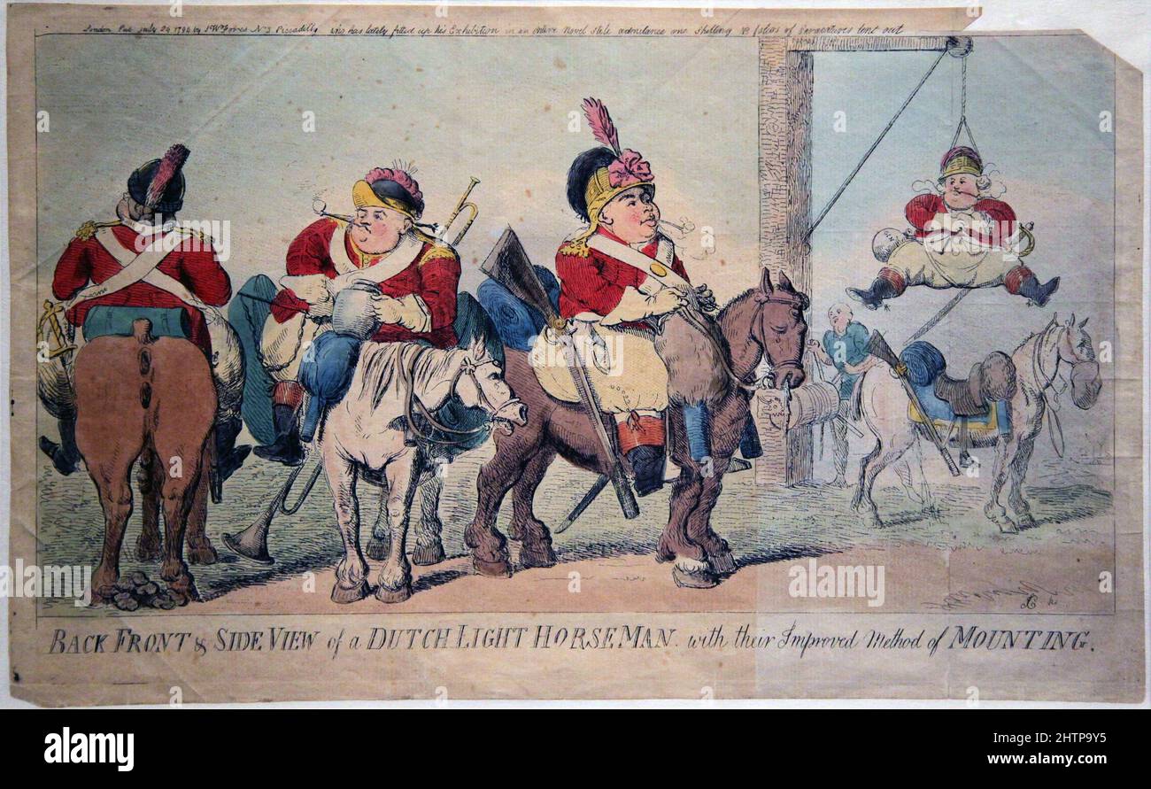 Back front and side view of a Dutch light horse-man,with their improved method of mounting (1794) by Isaac Cruikshank (1764-1811).Scottish painter,illustrator and caricaturist.Etching,hand coloured. Stock Photo