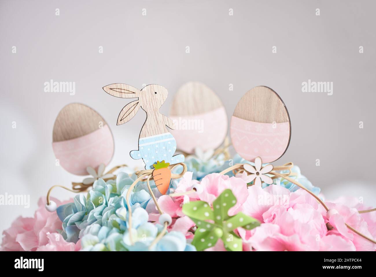 Bunny and eggs easter decor made of wood Stock Photo