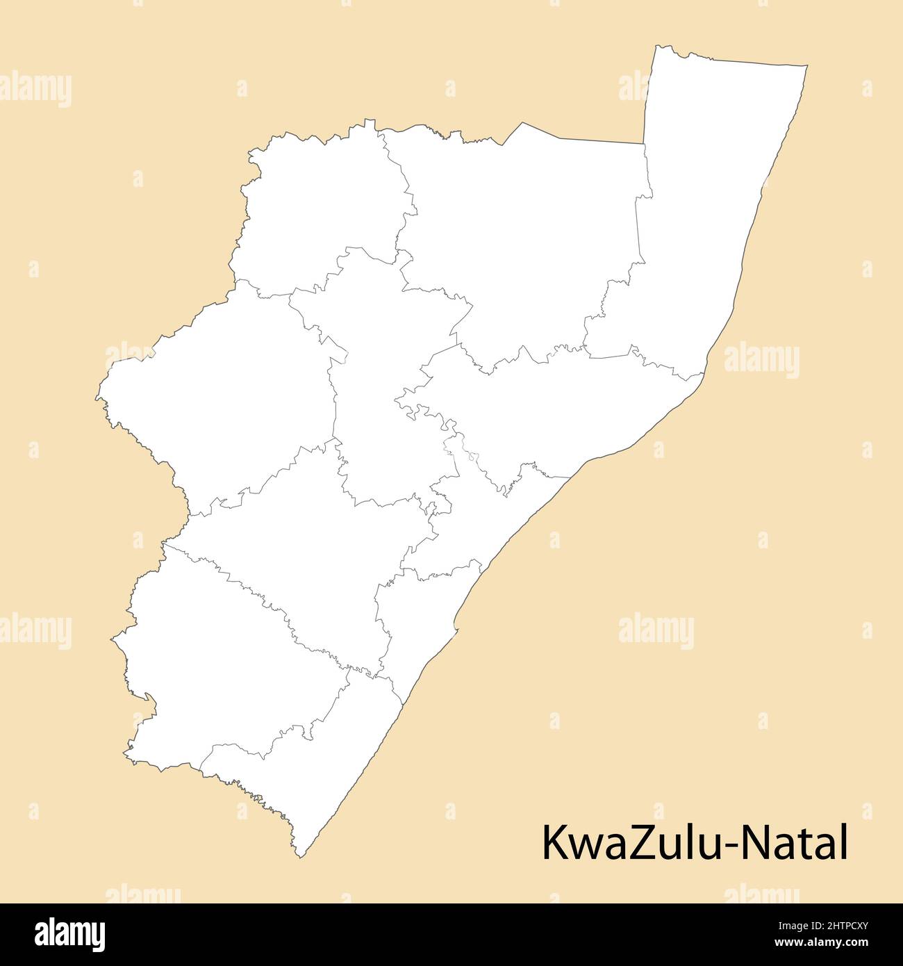 High Quality map of KwaZulu-Natal is a region of South Africa, with borders of the districts Stock Vector