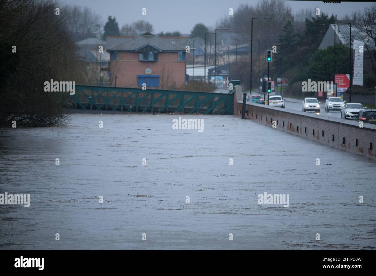 Flood defences are in place at Meadowhall as the River Don threatens to breach its banks following storm Eunice hits Sheffield Stock Photo