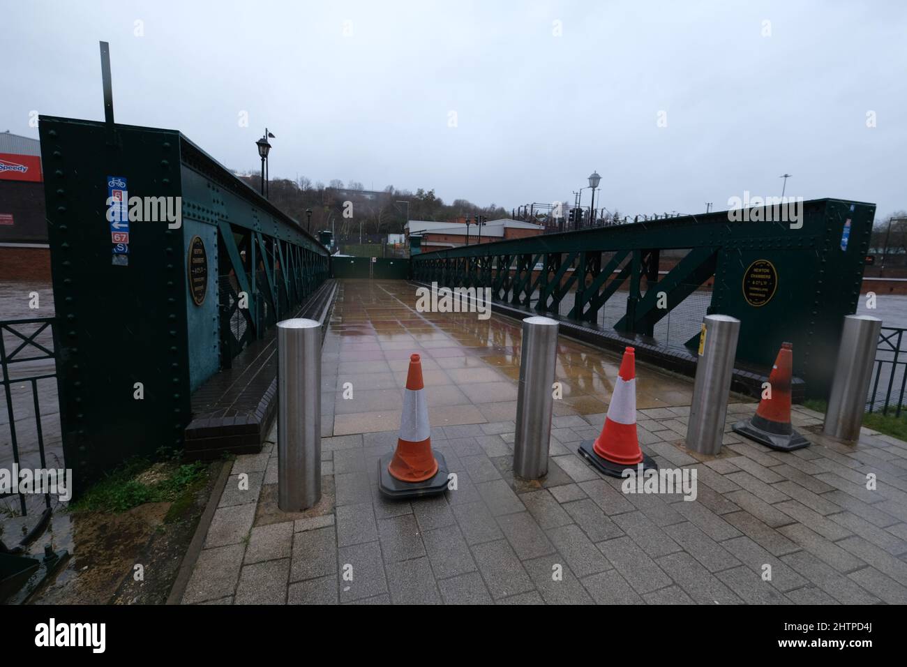 Flood defences are in place at Meadowhall as the River Don threatens to breach its banks following storm Eunice hits Sheffield Stock Photo