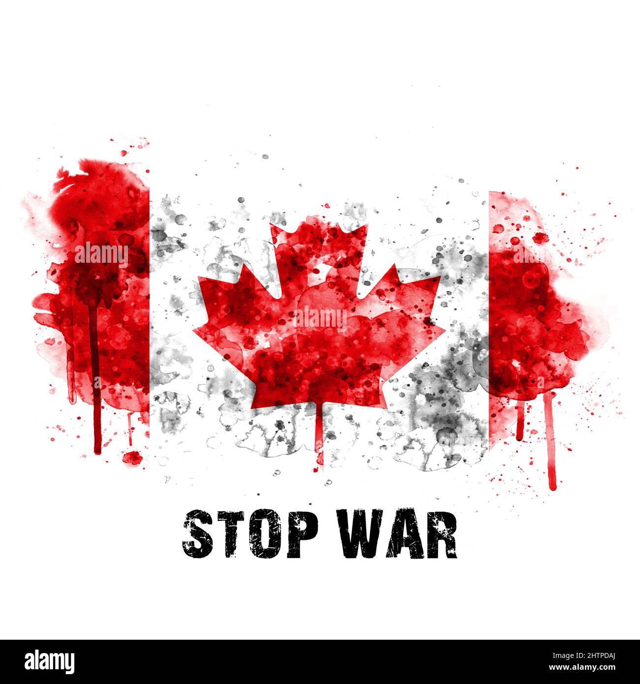 Canada flag painted with watercolor with the caption stop war, the concept of stopping hostilities on the territory of Ukraine Stock Photo