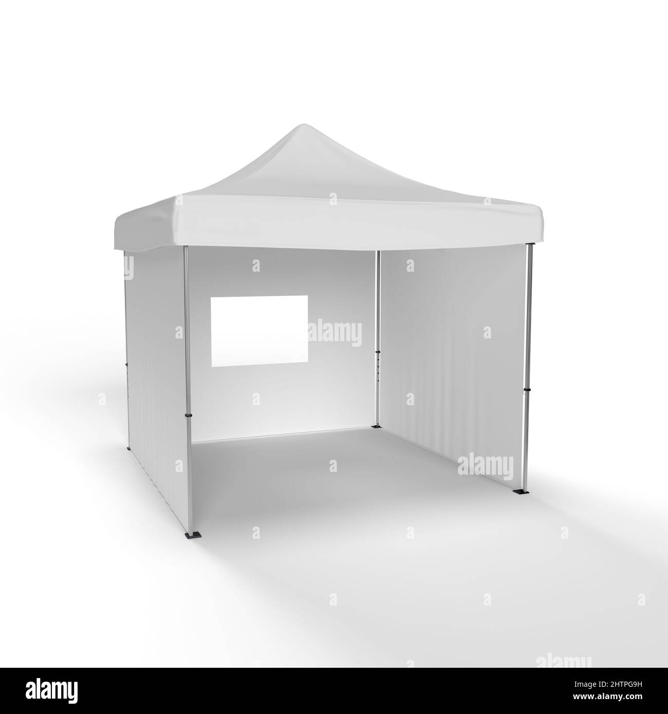 An Exhibition Tent Marquee Gazebo with 2 side walls, a back wall with a window and an open front isolated on a white background. 3d Render for illustr Stock Photo