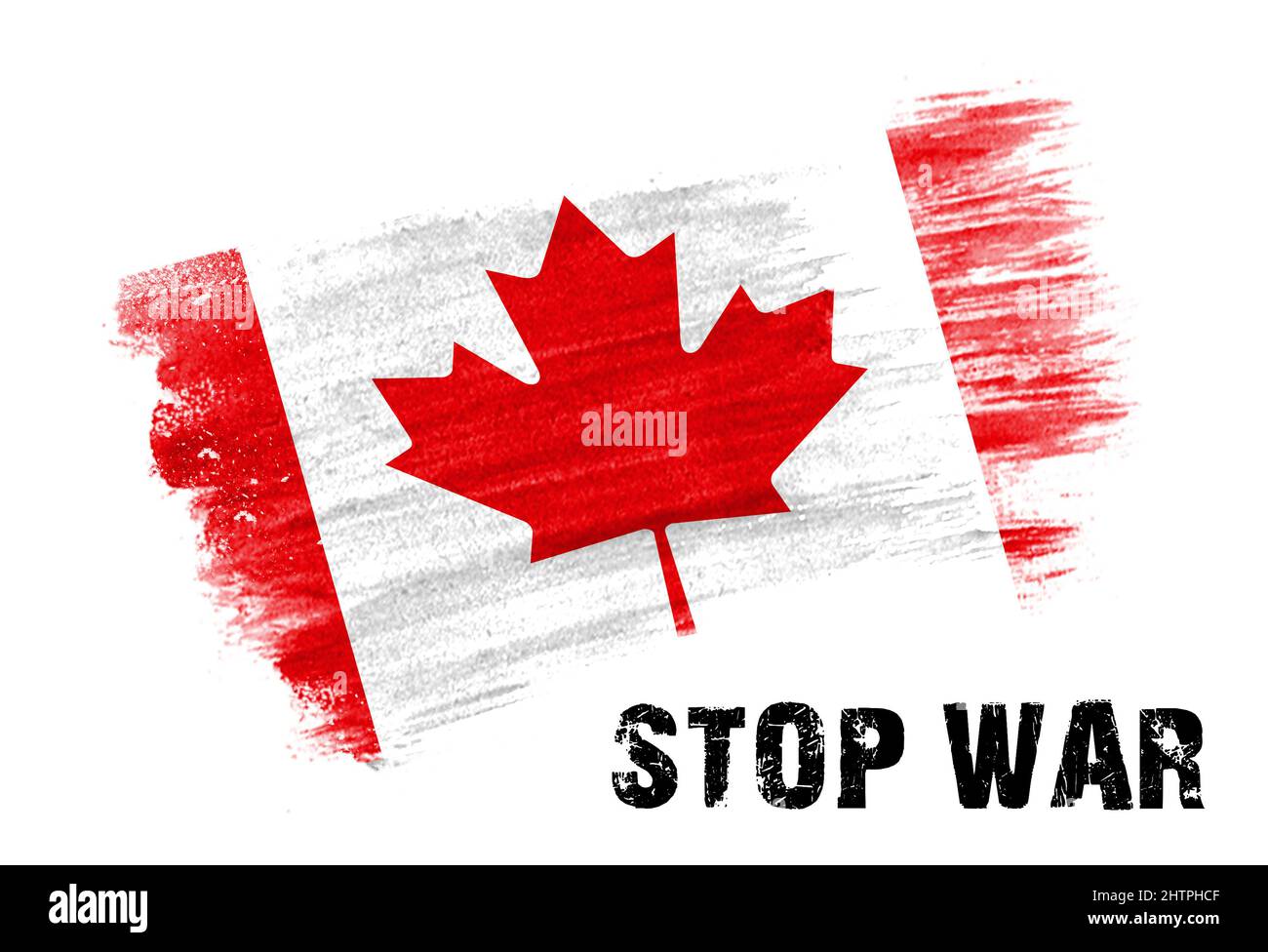 brush painted flag of Canada with the caption stop war, the concept of stopping hostilities on the territory of Ukraine Stock Photo