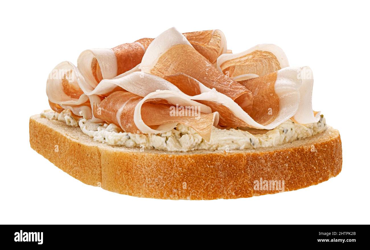 Toast with prosciutto isolated on white Stock Photo Alamy
