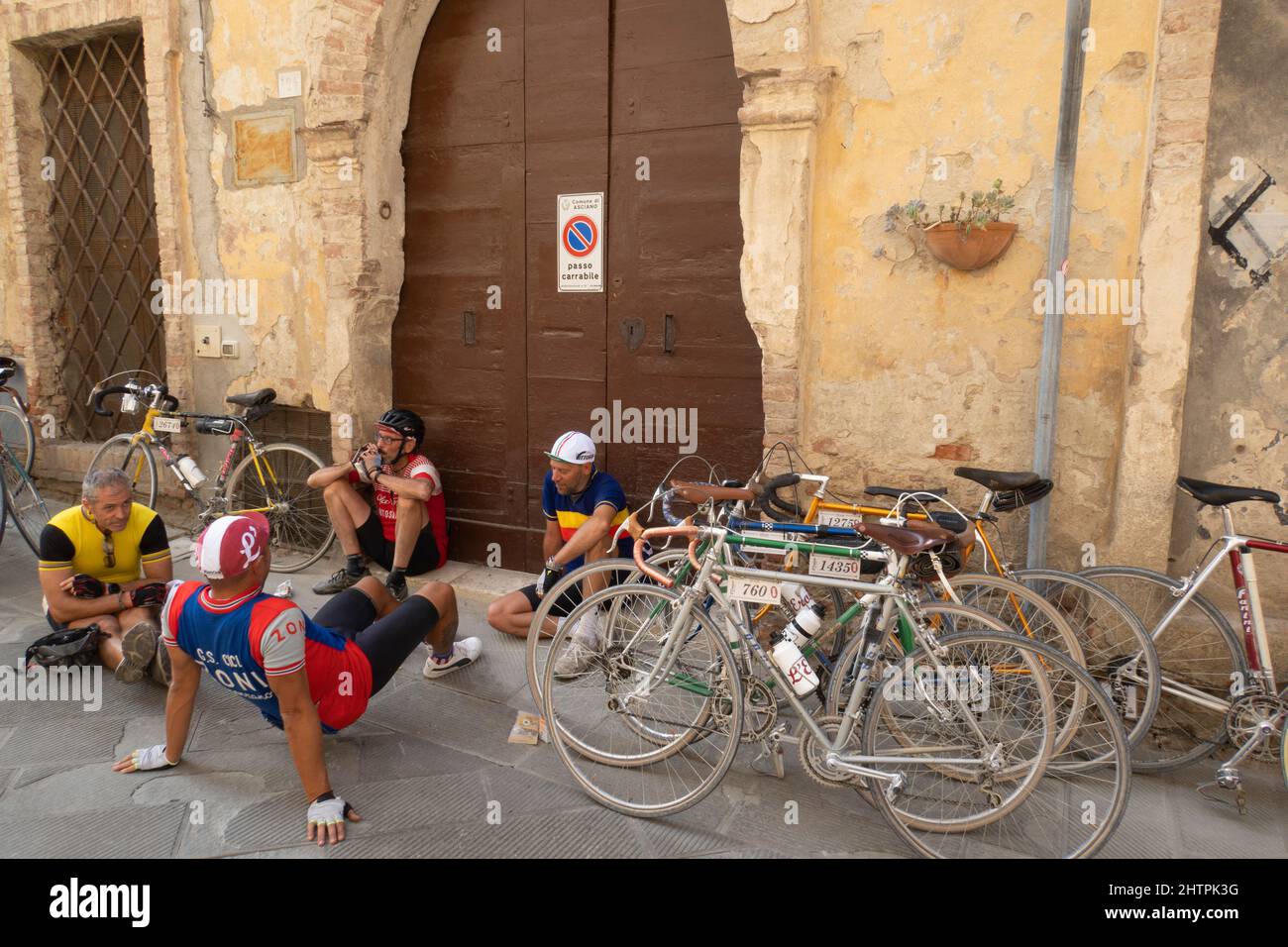 Eroica cycling race, Asciano village, Crete Senesi area, Siena province, Tuscany, Europe Stock Photo