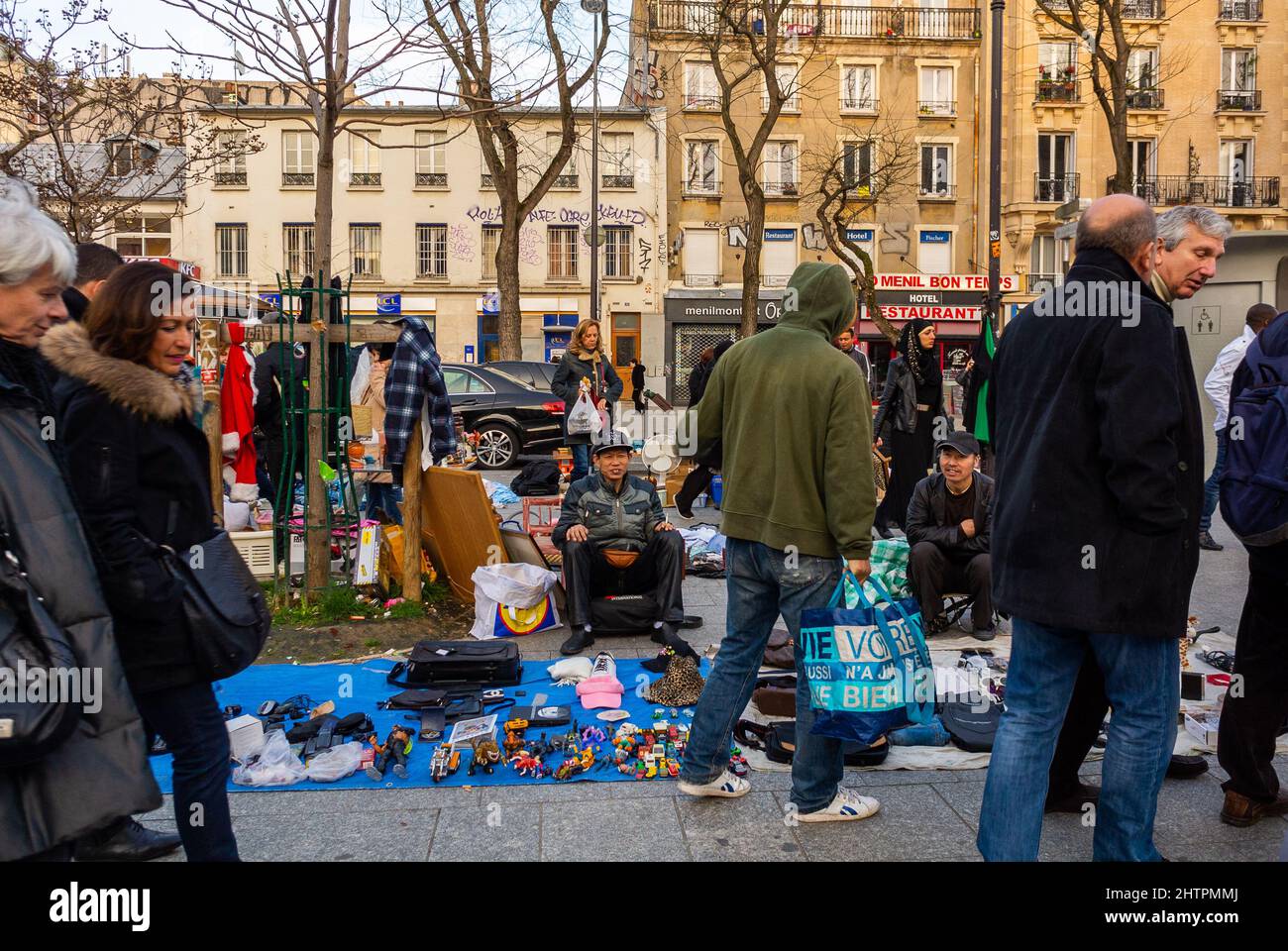 Paris, France, People Shopping, Flea Market on Rue de Belleville Stock ...