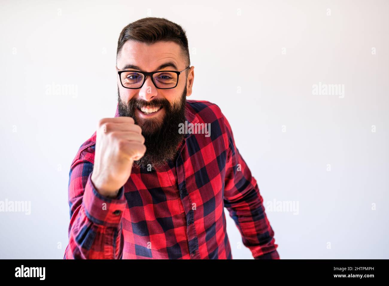 Portrait of man who is ecstatic. Copy space on image for your text or advert. Stock Photo