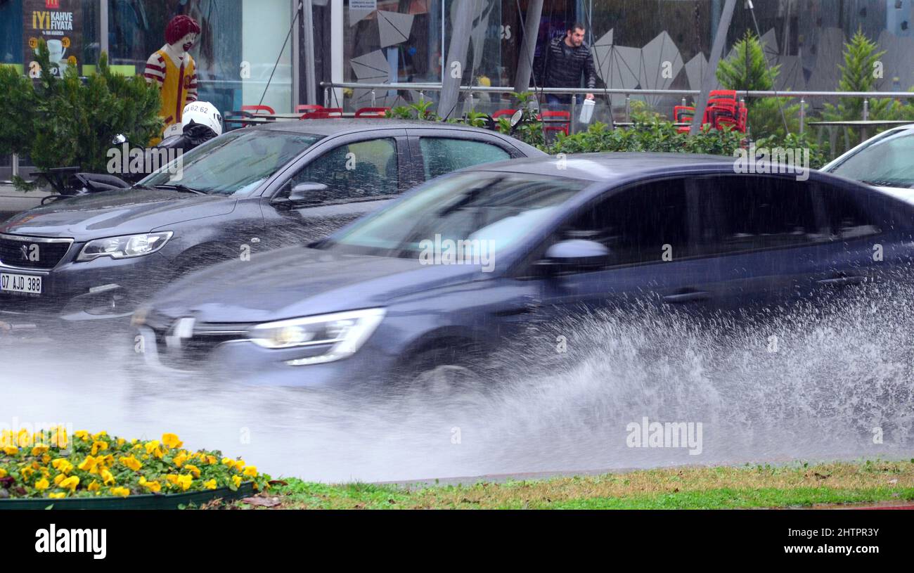 Antalya, Turkey Weather, 2 March, 2022. Heavy rain flooded the main