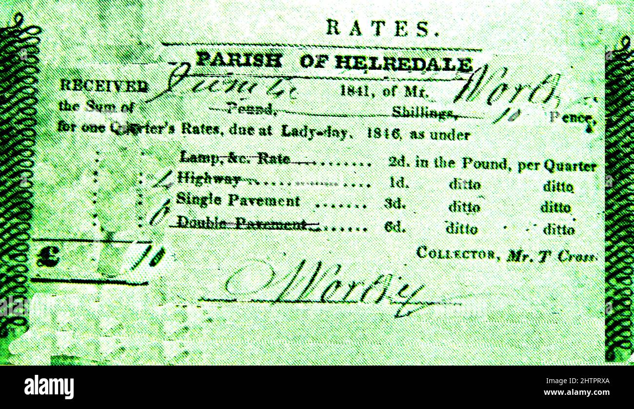 An 1841 receipt for partial payment of  English parish council rates in the parish of Helredale for a Mr Worthy, (ten pence paid). The collector was Mr T Cross. The charges for street lighting & upkeep of roads and pavements is shown. They were due for payment on Lady Day (25th March, he Feast of the Annunciation, commemorating the visit of the archangel Gabriel to the Virgin Mary, to tell her she would become  the mother of Jesus Christ. Stock Photo