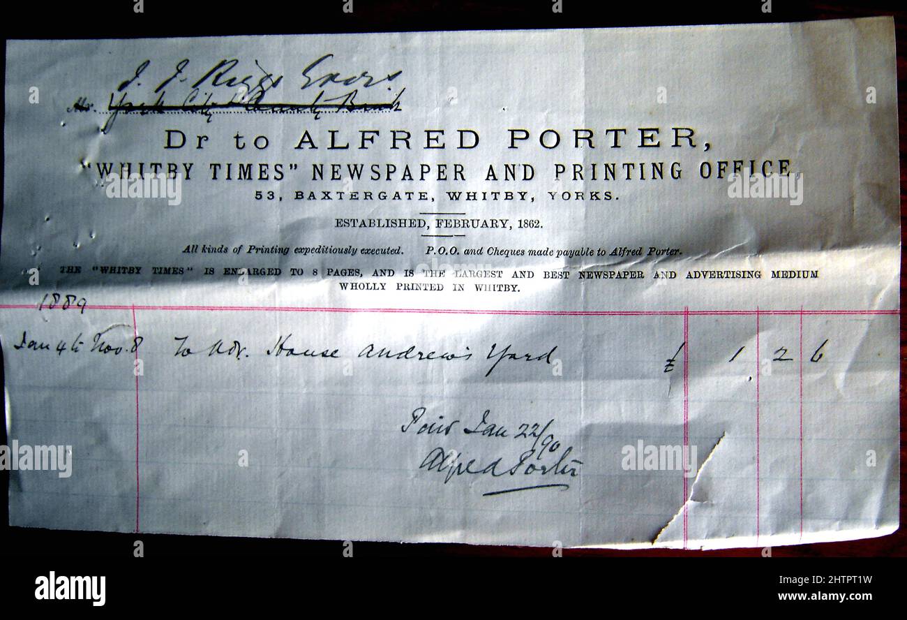 An 1889 billhead for Alfred Porter, proprietor of the  now defunct Whitby Times newspaper and printing office at 53  Baxtergate, Whitby, North Yorkshire, England. It carries the signature of Alfred Porter Stock Photo