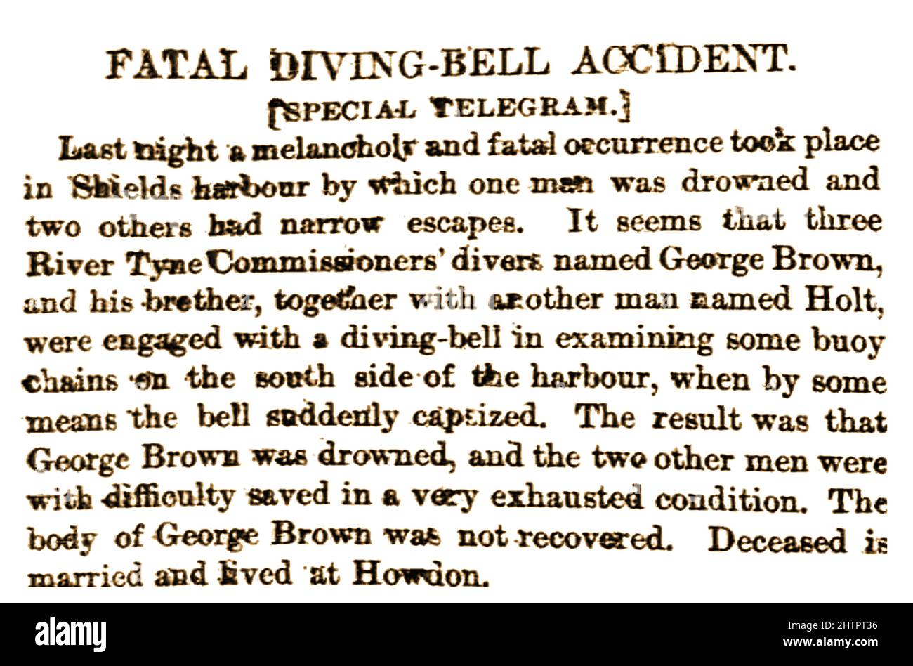 FATAL DIVING BELL ACCIDENT - Clip from the Bradford Observer (UK) newspaper July 22nd 1873. reporting the death of diver George Brown in a diving bell accident in the Tyne river in Shields harbour. Stock Photo