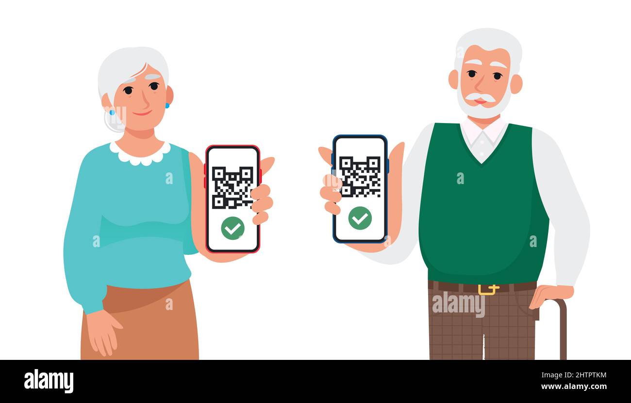 Elderly people showing qr codes on smartphones. Vaccination passport, digital certificate. Vector illustration in flat style Stock Vector