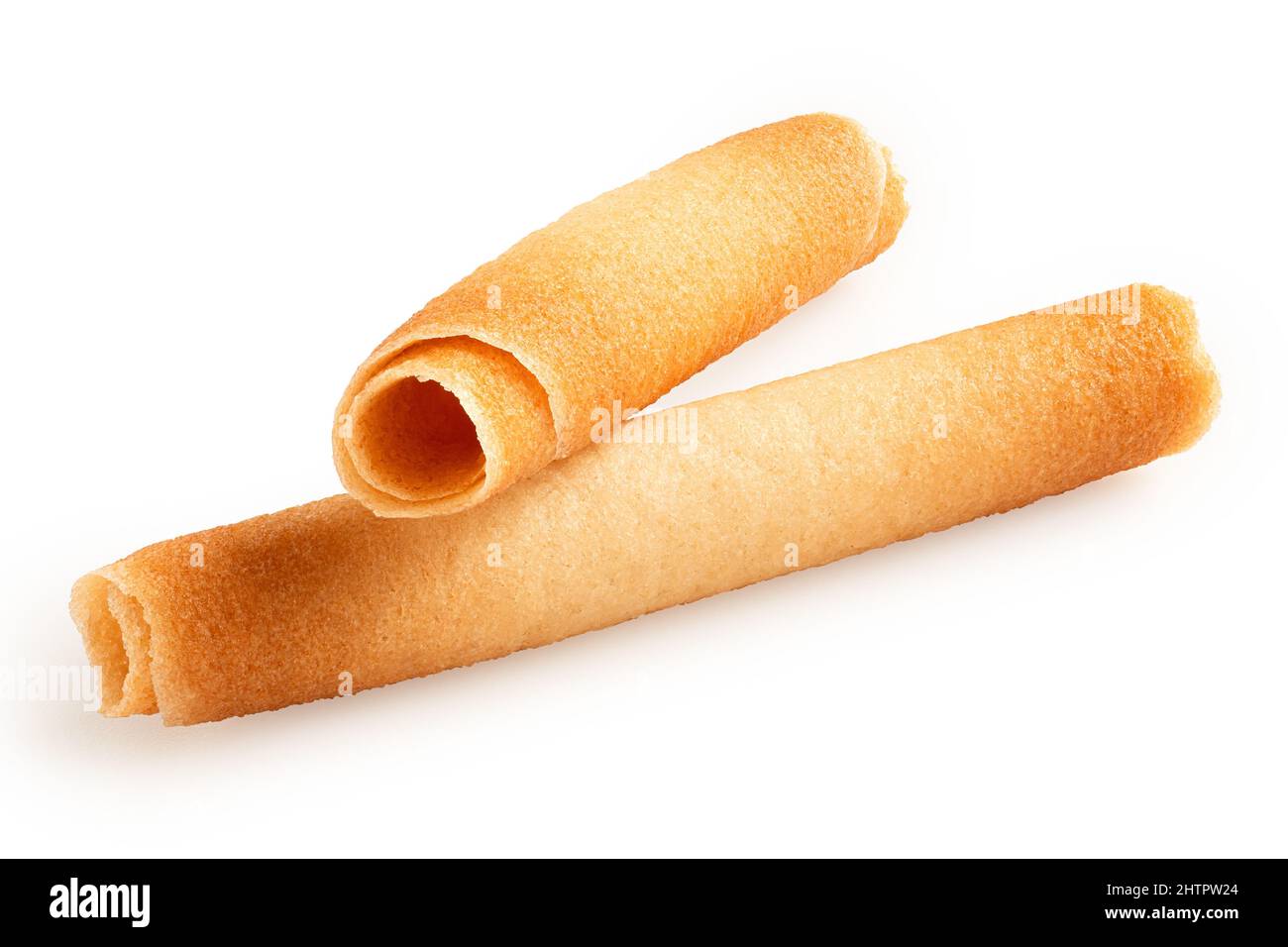 Two belgian tuile biscuit curls isolated on white. Stock Photo