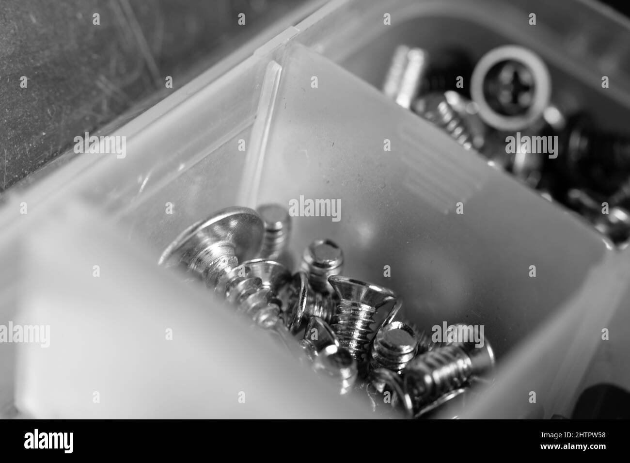 Grayscale shot of screws in boxes Stock Photo