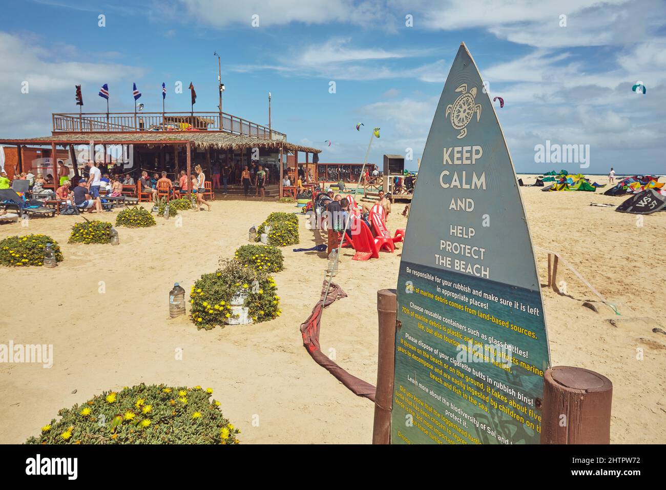 A beach cafe at Costa de Fragata beach, on the southeast coast of Sal island, Cape Verde. Stock Photo