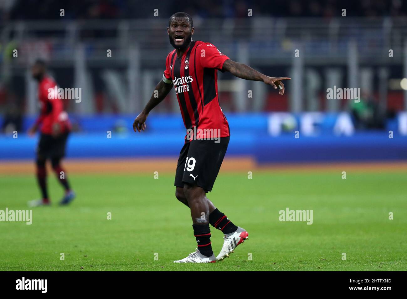 Milan, Italy. March 1, 2022, Franck Kessie of Ac Milan  gestures during the Coppa Italia Semi Final 1st Leg match between AC Milan and FC Internazionale at Stadio Giuseppe Meazza on March 1, 2022 in Milan, Italy. Credit: Marco Canoniero/Alamy Live News Stock Photo