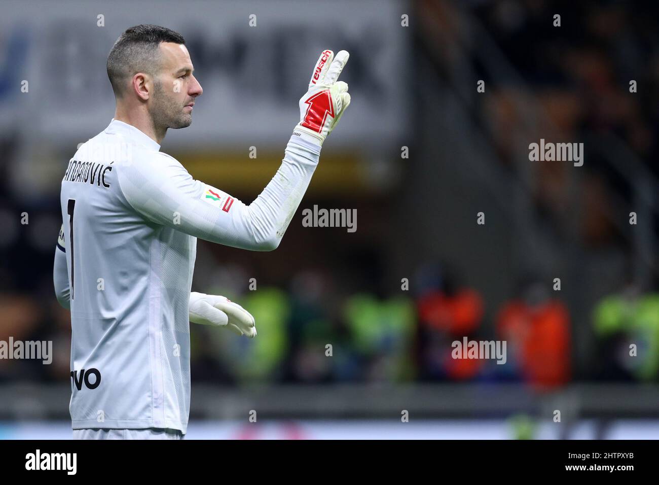 Milan, Italy. March 1, 2022, Samir Handanovic of Fc Internazionale  gestures during the Coppa Italia Semi Final 1st Leg match between AC Milan and FC Internazionale at Stadio Giuseppe Meazza on March 1, 2022 in Milan, Italy. Credit: Marco Canoniero/Alamy Live News Stock Photo
