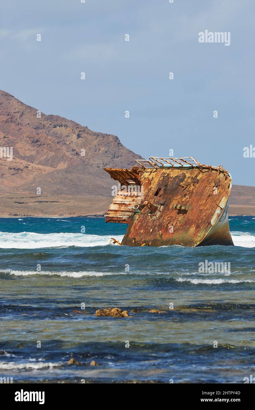 A shipwreck in Baia de Parda, on the east coast of Sal island, Cape Verde, west Africa. Stock Photo