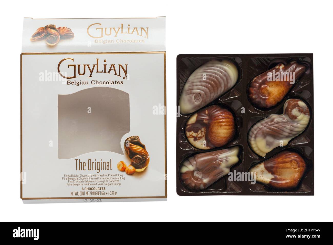 Guylian Belgian chocolates seashells  The Original open box isolated on white background - finest Belgian chocolates with hazelnut praline filling Stock Photo
