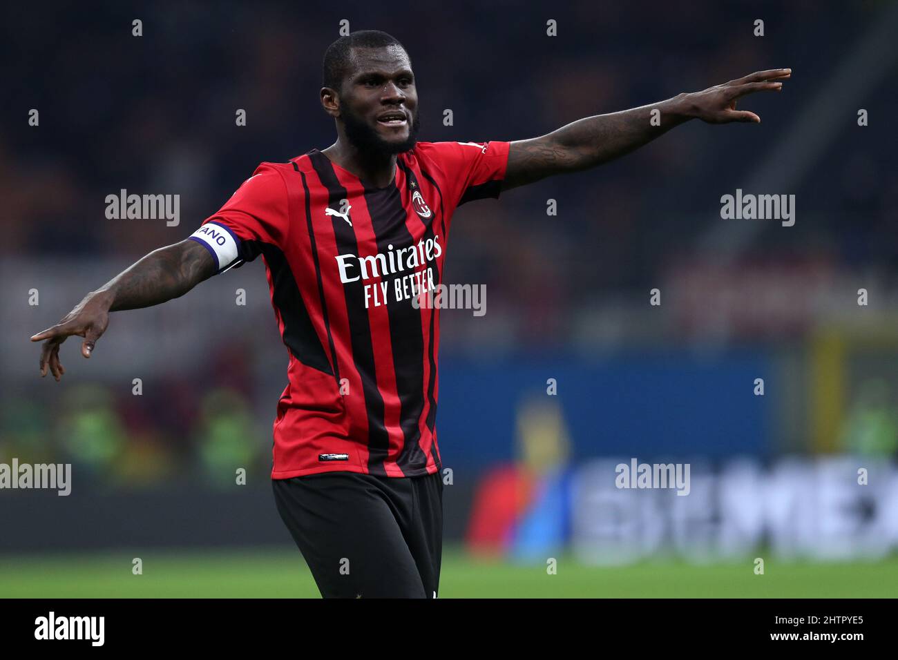 Milan, Italy. March 1, 2022, Franck Kessie of Ac Milan  gestures during the Coppa Italia Semi Final 1st Leg match between AC Milan and FC Internazionale at Stadio Giuseppe Meazza on March 1, 2022 in Milan, Italy. Credit: Marco Canoniero/Alamy Live News Stock Photo