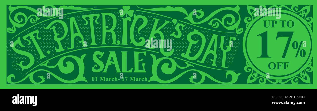 st patricks day sale banner template. vintage retro typography on green background. St. Patrick's Day. shamrock leaf clover. Vector illustration. Stock Vector