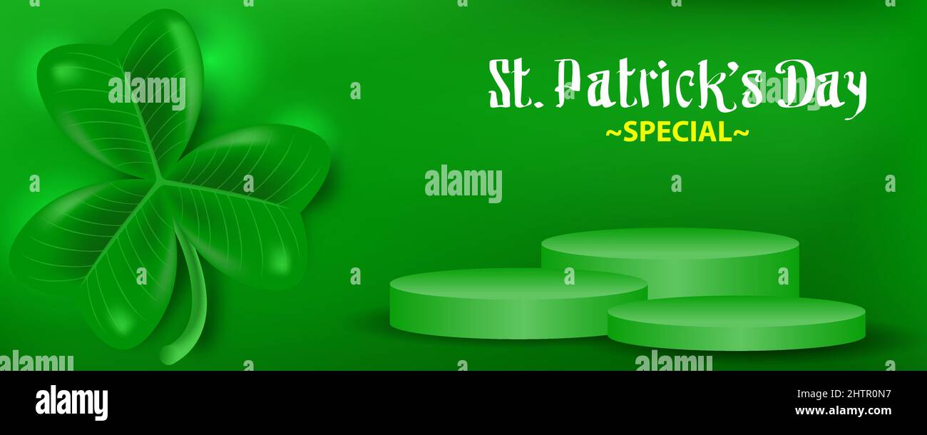 st patricks day special promotion with round podium on green background. St. Patrick's Day. 3d shamrock leaf clover. Typography. Vector illustration. Stock Vector