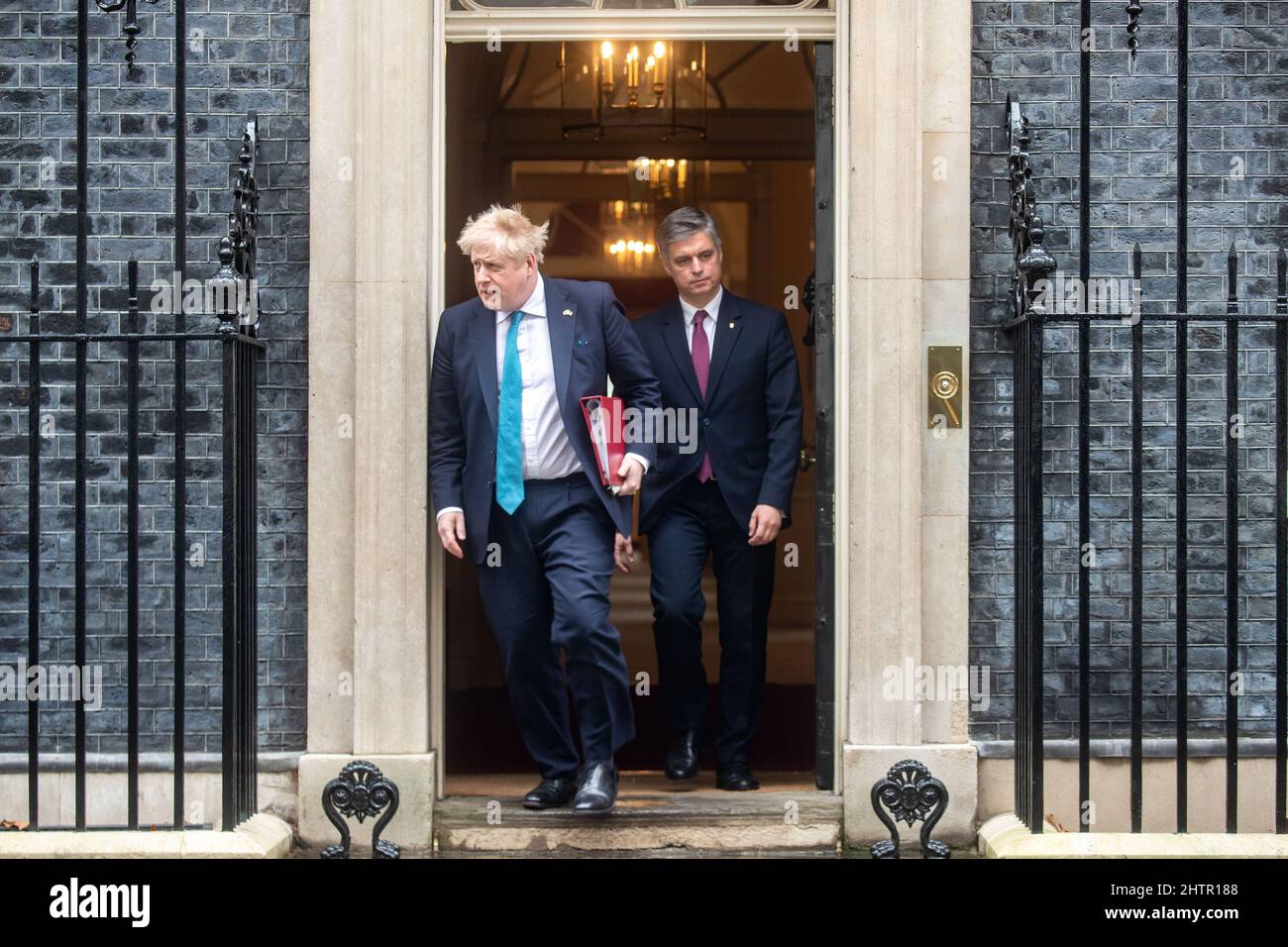 LONDON, MARCH 02 2022, Prime Minister Boris Johnson and Ukrainian ambassador Vadym Prystaiko leave 10 Downing Street for PMQs at the House of Commons. Credit: Lucy North/Alamy Live News Stock Photo