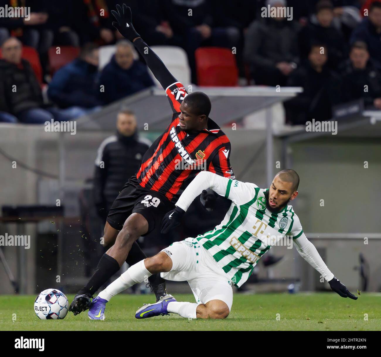 Amer Gojak of Ferencvarosi TC tries to control the ball in front