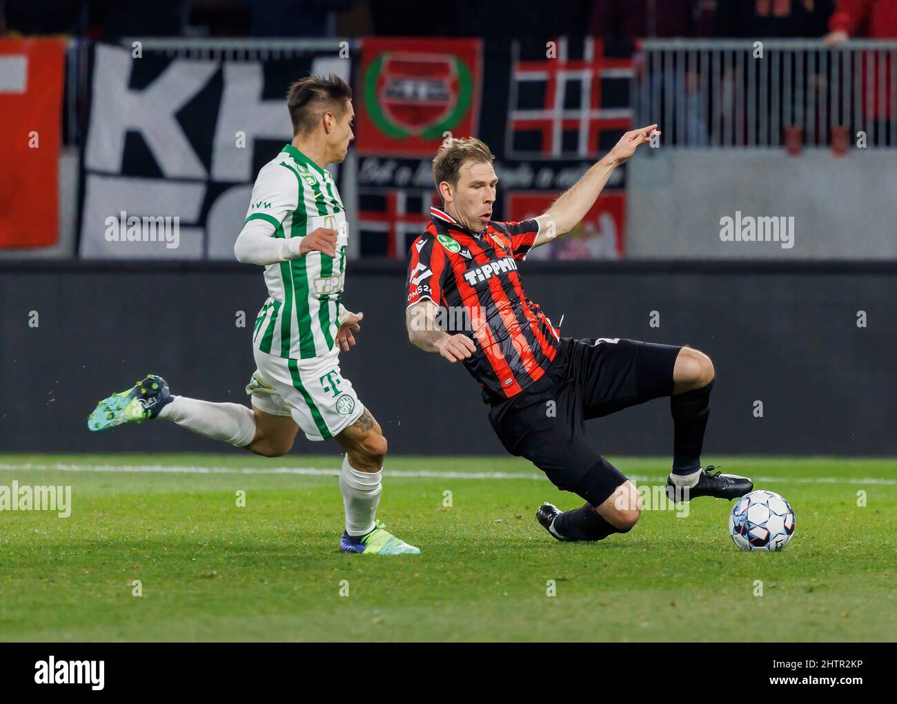 BUDAPEST, HUNGARY - MAY 11: Kristoffer Zachariassen of Ferencvarosi TC runs  with the ball during the Hungarian Cup Final match between Ferencvarosi TC  and Paksi FC at Puskas Arena on May 11