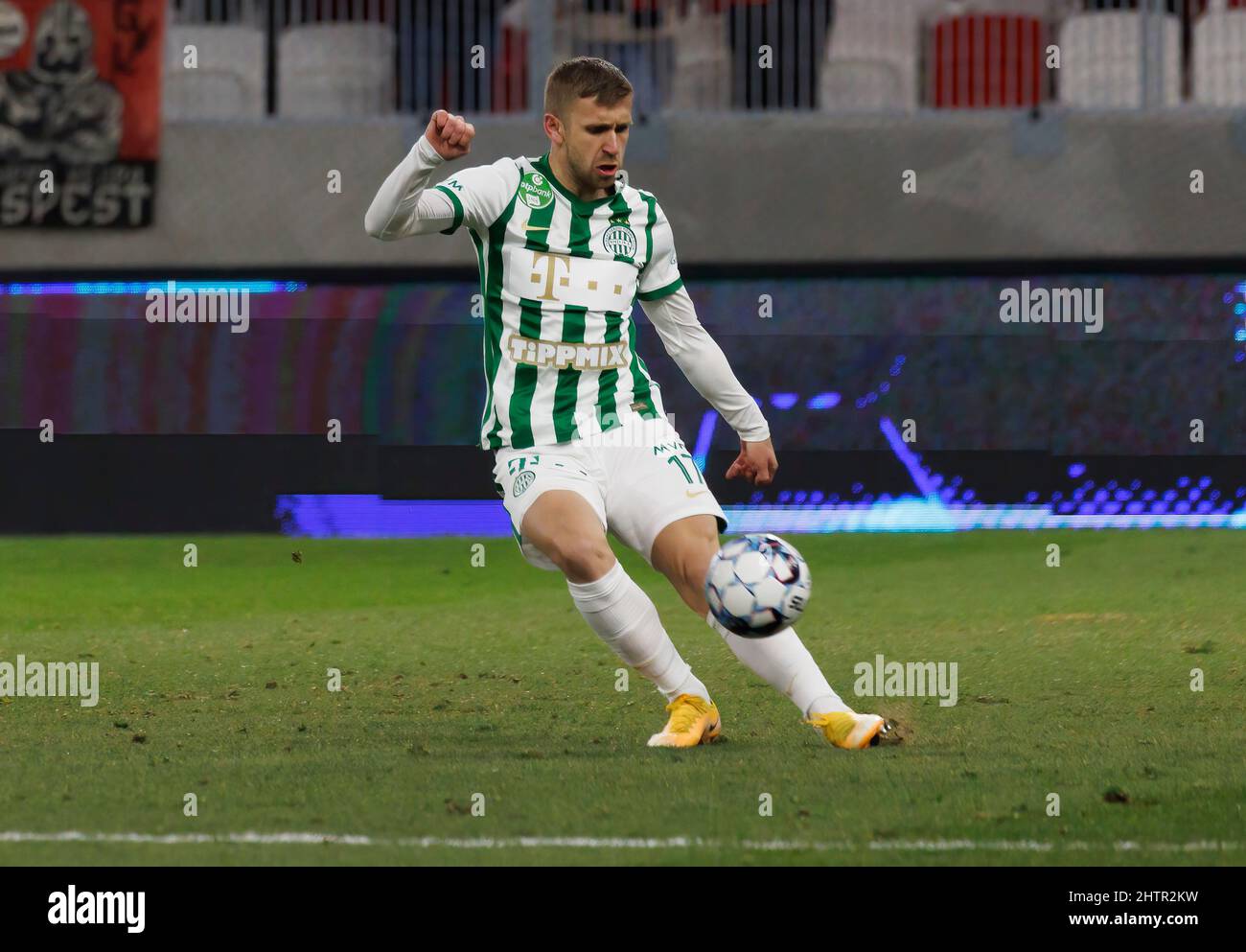 BUDAPEST, HUNGARY - MARCH 1: Eldar Civic of Ferencvarosi TC kicks the ball during the Hungarian Cup Quarter Final match between Budapest Honved and Ferencvarosi TC at Bozsik Arena on March 1, 2022 in Budapest, Hungary. Stock Photo