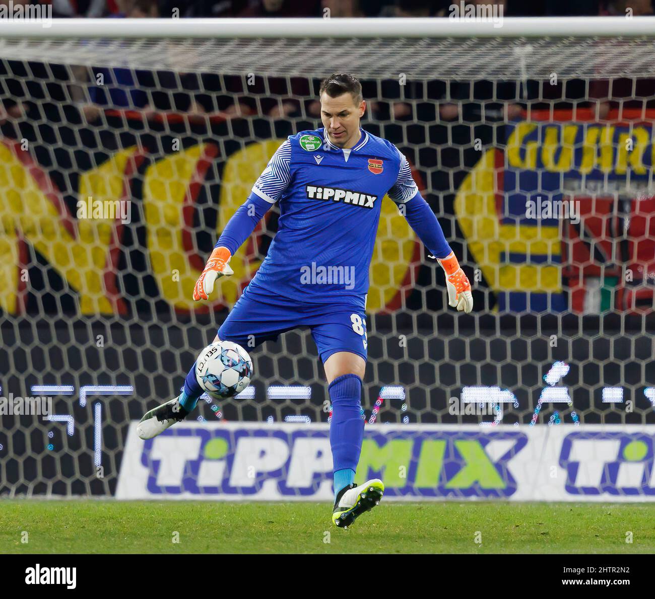 BUDAPEST, HUNGARY - MARCH 1: Tomas Tujvel of Budapest Honved kicks the ball during the Hungarian Cup Quarter Final match between Budapest Honved and Ferencvarosi TC at Bozsik Arena on March 1, 2022 in Budapest, Hungary. Stock Photo