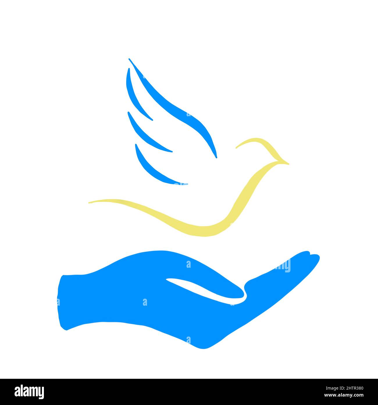 dove of peace - pray for Ukraine. yellow-blue flag of Ukraine. dove of peace in the palm of your hand - say stop to genocide and war Stock Photo